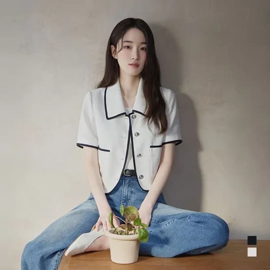 우먼 트위드 배색 반팔 자켓