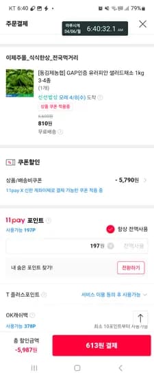 11번가 신한은행 계좌 결제 이벤트 5천할쿠적용시 샐러드채소 1kg 810원