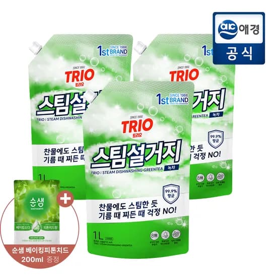 트리오 녹차 주방세제 1L 3개+주방세제 200ml 7610원 무배