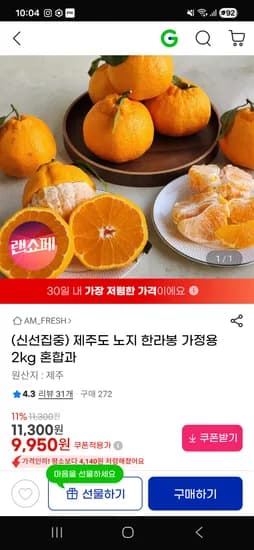 제주도 노지 한라봉 가정용 2kg 혼합과 9,950원 무배
