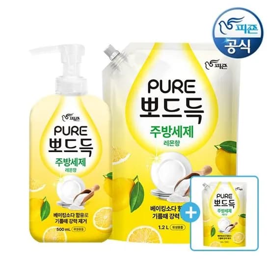 피죤 퓨어 주방세제 뽀드득 500ml 용기 1개+1.2L 리필 2개 9,900원