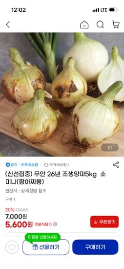 무안 26년 조생양파5kg 소미니 5,600원