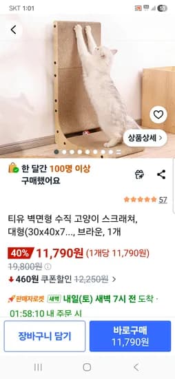 벽면형 수직 고양이 스크래쳐 11,790원 무배
