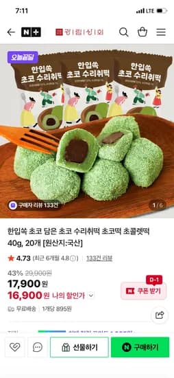 한입쏙 초코 담은 수리취떡 40g 20개