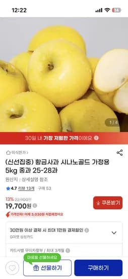 황금사과 시나노골드 가정용 중과 5kg 19,700원
