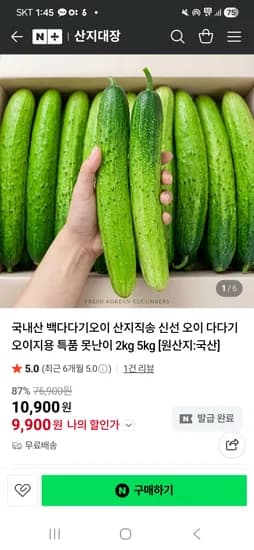 산지대장 산지직송 백다다기 오이 백오이  2키로 9,900원 무배