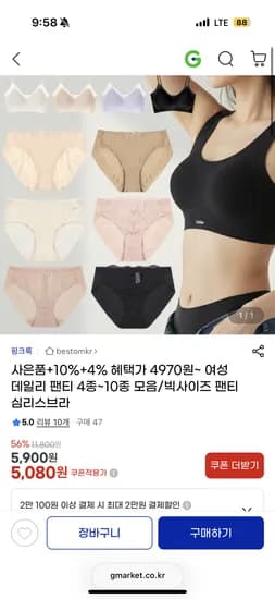 여성 데일리 팬티 5장 모음 유배 5080원~