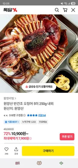 반건조오징어 5미 7,900원 무배