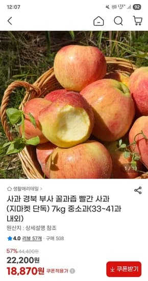 경북 꿀부사사과 가정용 7kg 중소과 18,870원