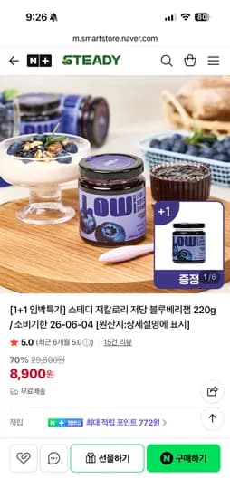 스테디 임박특가 저칼로리 저당 블루베리잼 220g 2개 8,900원