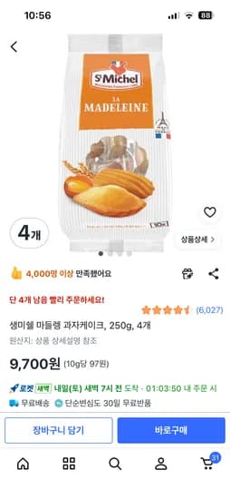 생미쉘 마들렝 과자케이크, 250g, 4개 / 9700원