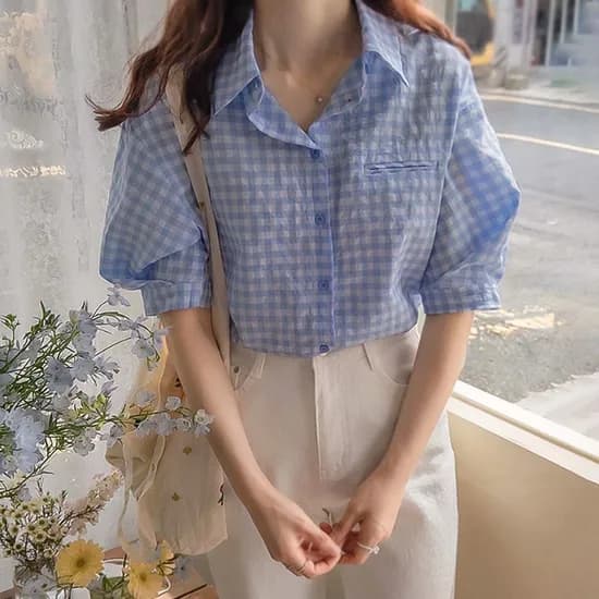리린 안나링클 여름체크 튤립소매 블라우스 카드 무배 23,440원