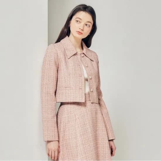 지고트 트위드 펄 버튼 칼라 크롭 재킷