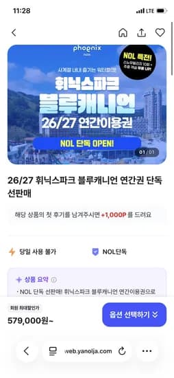 휘닉스파크 블루캐니언 연간이용권 3인 579,000원