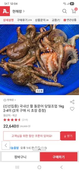 국내산 돌문어 1kg 2-4미 22,640원 무배