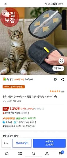 곧음 고양이 강아지 털제거 장갑 대형