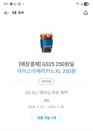 카카오페이(머니/카드)결제 아이스아메리카노XL 250원