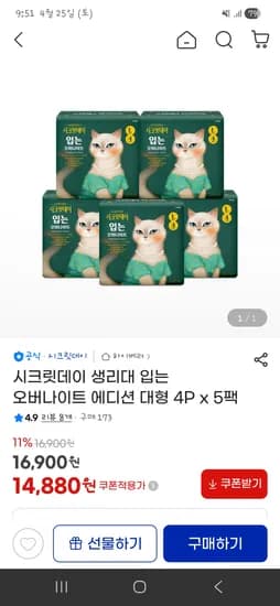 시크릿데이 입는오버나이트 생리대 4p 5팩 14,880원 무배