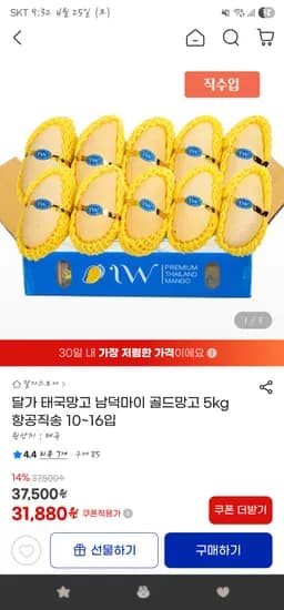 ) 태국망고 남덕마이 골드망고 5kg(10-16입) 31,880원 무배
