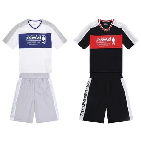 NBA키즈 컬러블록 폴리 메쉬 반소매 티셔츠 반바지 세트