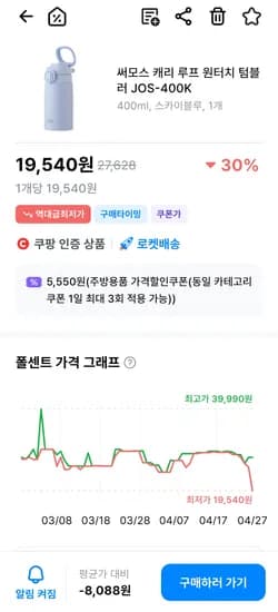 써모스 캐리 루프 원터치 텀블러 JOS-400K 400ml