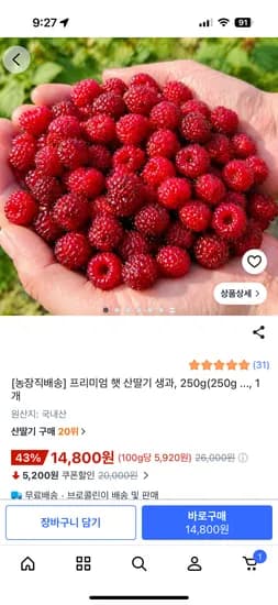 햇 산딸기 생과 500g 24800원 무료배송
