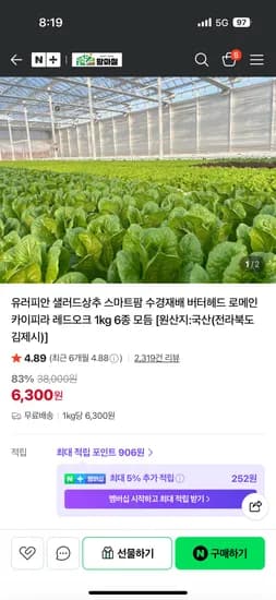 팜마실 유러피안 샐러드야채 4종 1kg 6,300원 무배