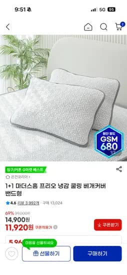 1+1 마더스홈 프리오 냉감 쿨링 베게커버 밴드형 11,920원