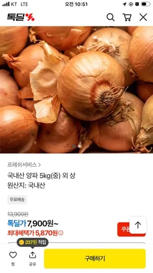국내산 양파 5kg 중복쿠폰가 5870원 무료배송