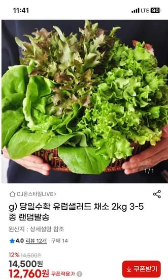 당일수확 유럽샐러드 채소 2kg 3-5종 12760원 무배