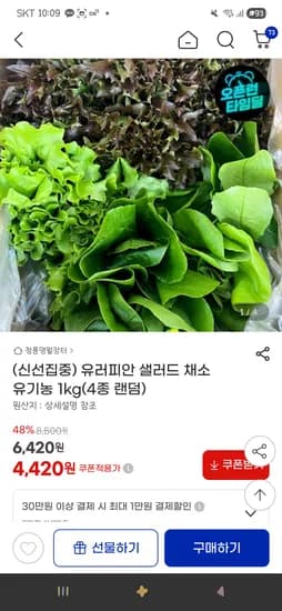 유러피안 샐러드 채소 유기농 1kg(4종 랜덤) 4,420원