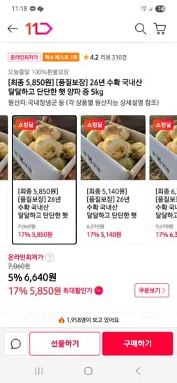 26년 수확 국내산 달달하고 단단한 햇 양파 중 5kg 5,850원