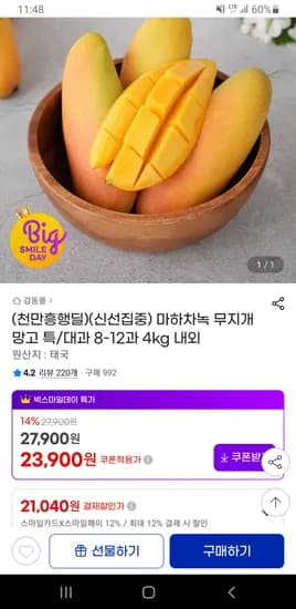 마하차녹 무지개 망고 특/대과 8-12과 4kg 내외 유클 카드 무배 21,040원