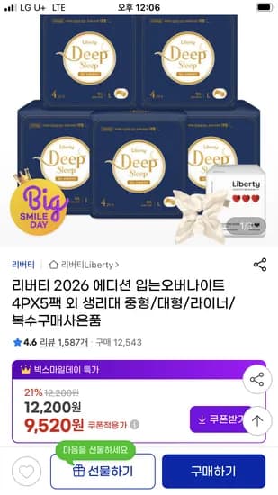 리버티 에디션 입는오버나이트 4p 5팩 9520원