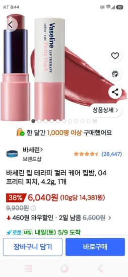 바세린 립 테라피 컬러 케어 립밤, 04 프리티 피치, 4.2g, 1개 6040원