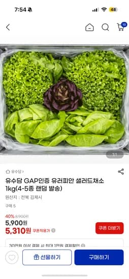 유수담 GAP인증 유러피안 샐러드채소 1kg 5,310원 무배