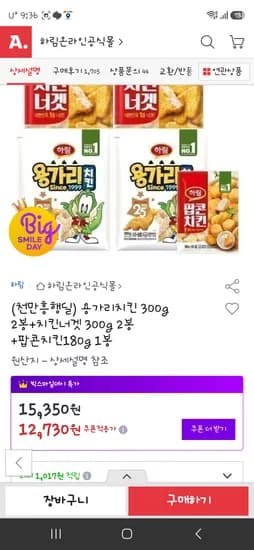 용가리치킨300g 2봉 치킨너겟300g 2개
