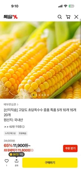 국내산 초당옥수수 중품 5개 11,800원 무배