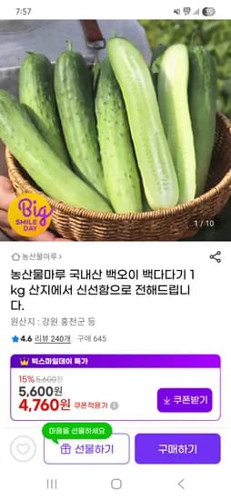 국내산 백오이 백다다기 1kg 4,760원