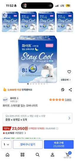 화이트 스테이쿨 오버나이트 8개입 5개