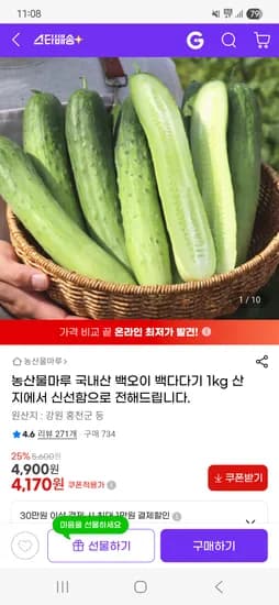 농산물마루 국내산 백오이 1kg 4,170원
