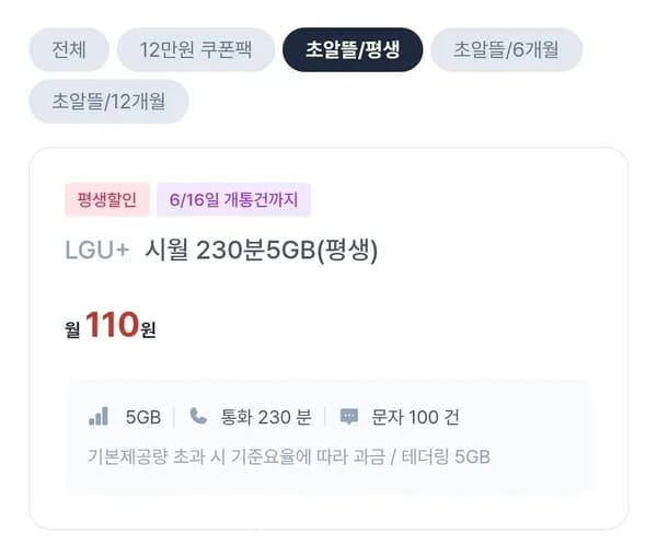 통화 230분, 문자 100건  외 다양  총 1개