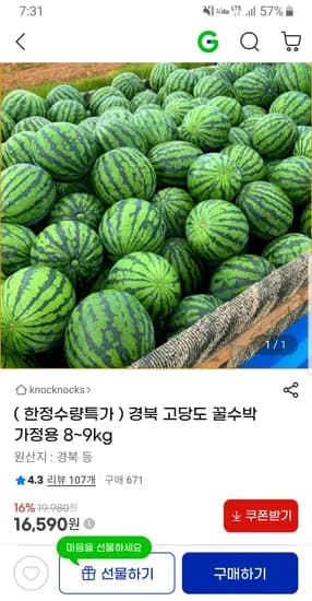 경북 고당도 꿀수박 가정용 8~9kg 8~9kg