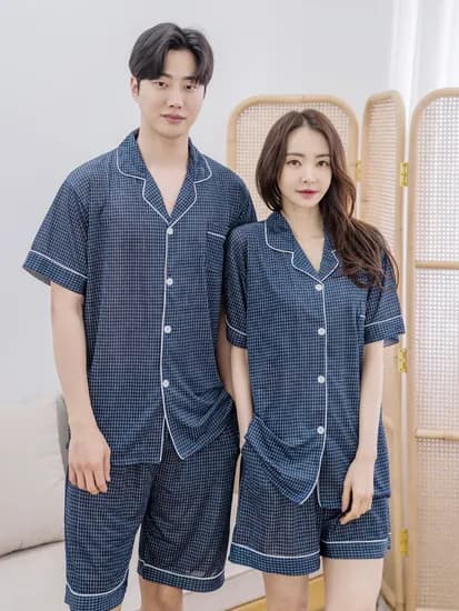 커플 냉감 체크 반팔 카라 잠옷 상하세트