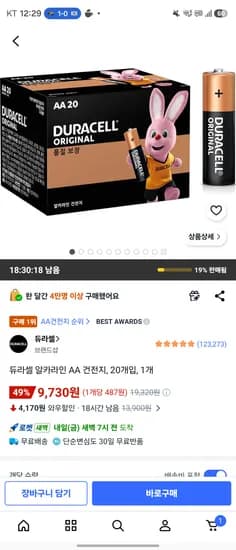 듀라셀 알카라인 AA 건전지 20개입 1개