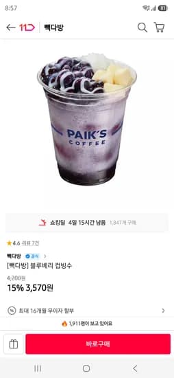 빽다방 블루베리 컵빙수 / 초코 컵빙수 3570원