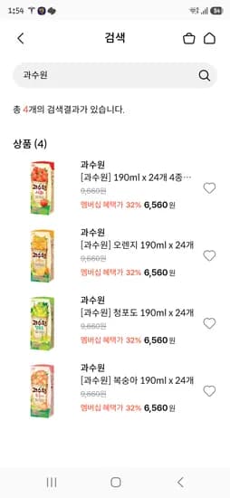 과수원 4종 190mlx24개 (보답쿠폰 적용) 1560원