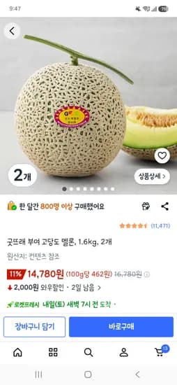 굿뜨래 부여 고당도 멜론 1.6kg 2개 14,780원