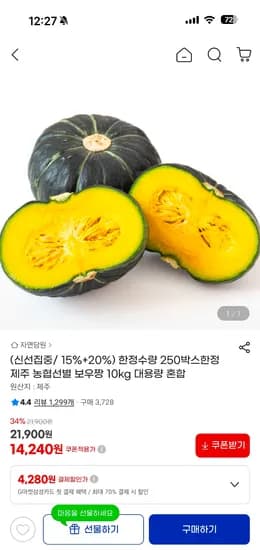 한정수량 제주직송 농협선별 보우짱 단호박 10kg 14,240원