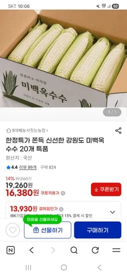쫀득 신선한 강원도 미백 옥수수 특품 20개 16,380원 무배
